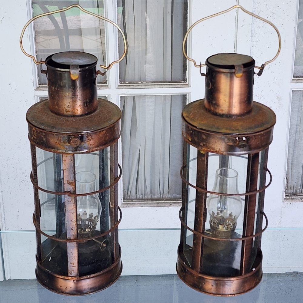 Copper Lantern Oil Lamps Vintage Glass Chimney Decorative Nautical Antique Style